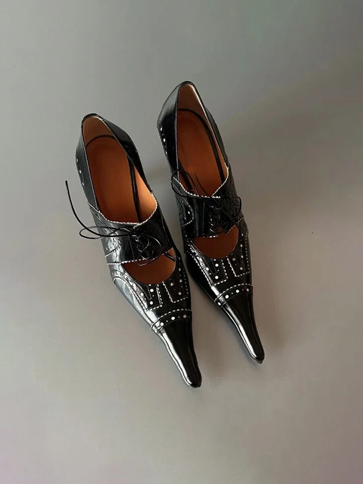 Retro Estilo Americano Pasarela Mujer Punta Cuero Real Con Cordones Tacón Alto Talla Foto 4 de 4