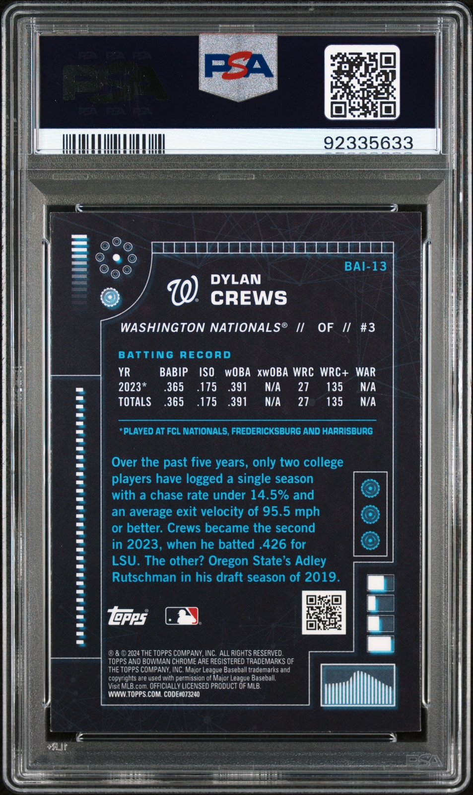 PSA 10 DYLAN CREWS 2024 Bowman Chrome Prospects AI NATIONALS Rookie RC GEM MINT view 3