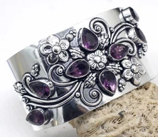 925 Sterling Silver Purple Amethyst Gemstone Jewelry Cuff Bracelet Size-ADJ