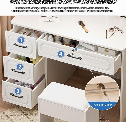 Schminktisch Frisiertisch Kosmetiktisch mit Hocker LED-Spiegel Schubladen Weiß - Bild 7 von 27