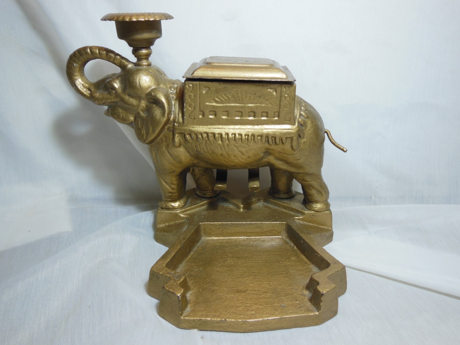 Vintage Elephant Cigarette Dispenser Cast Iron Mechanical Gold Painted