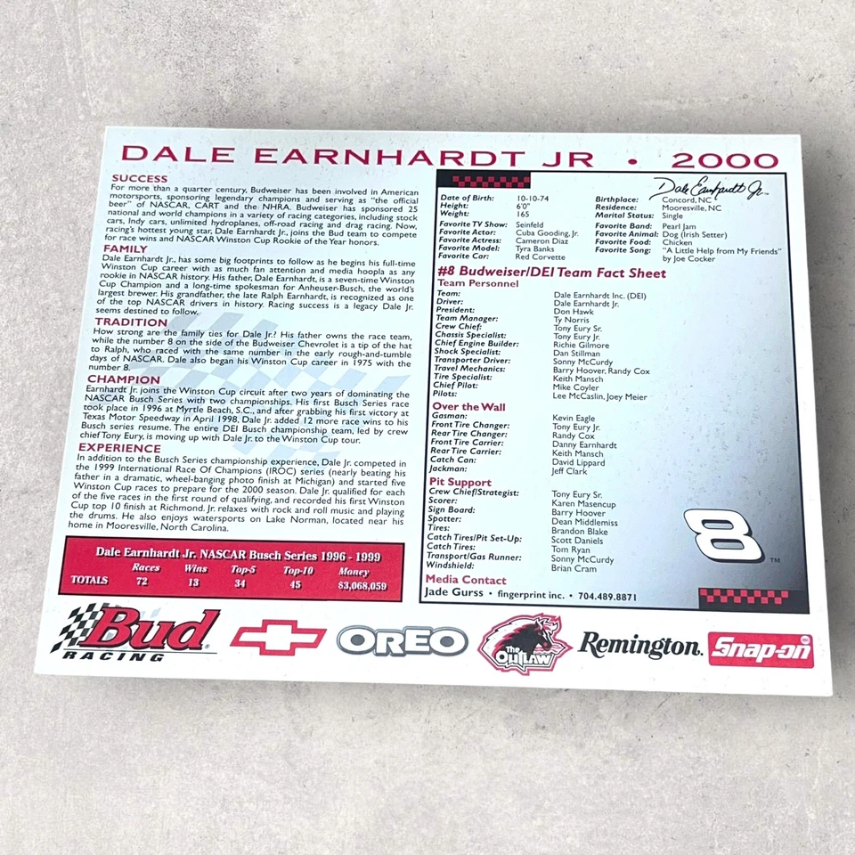 Foto firmada por Dale Earnhardt Jr 2000 año novato NASCAR HOF 8x10 BAS BECKETT AUTÉNTICA Foto 4 de 4