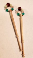 Set of 2 Carved Wood Spangled Lace Bobbins with Glass Beads