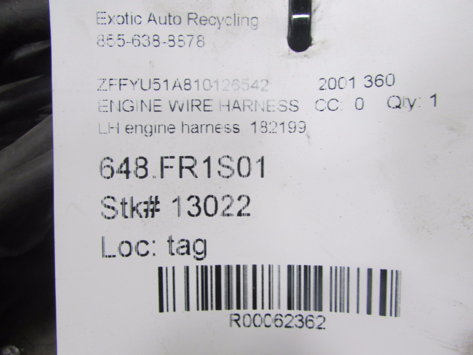 Ferrari 360, LH, Left Engine Wiring Harness, Used, P/N 182199