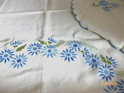 LEINEN TISCHDECKE BESTICKT ''FLORENTINISCHE KUNST'' 12 SCHWERTER NEU