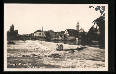 AK Stuttgart-Cannstatt, Partie an der Stromschnell an der Neckarbrücke 