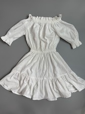 Women's White Off-Shoulder Smocked Waist Cotton Mini Dress