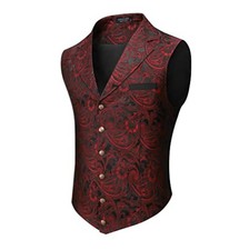 Men's Paisley Suit Vest Slim Fit Large Wine Red Jacquard Notch Lapel Formal