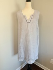 Sigrid Olsen 100% Linen Dress Light Gray Shift  Embroidered Sleeveless Size XL