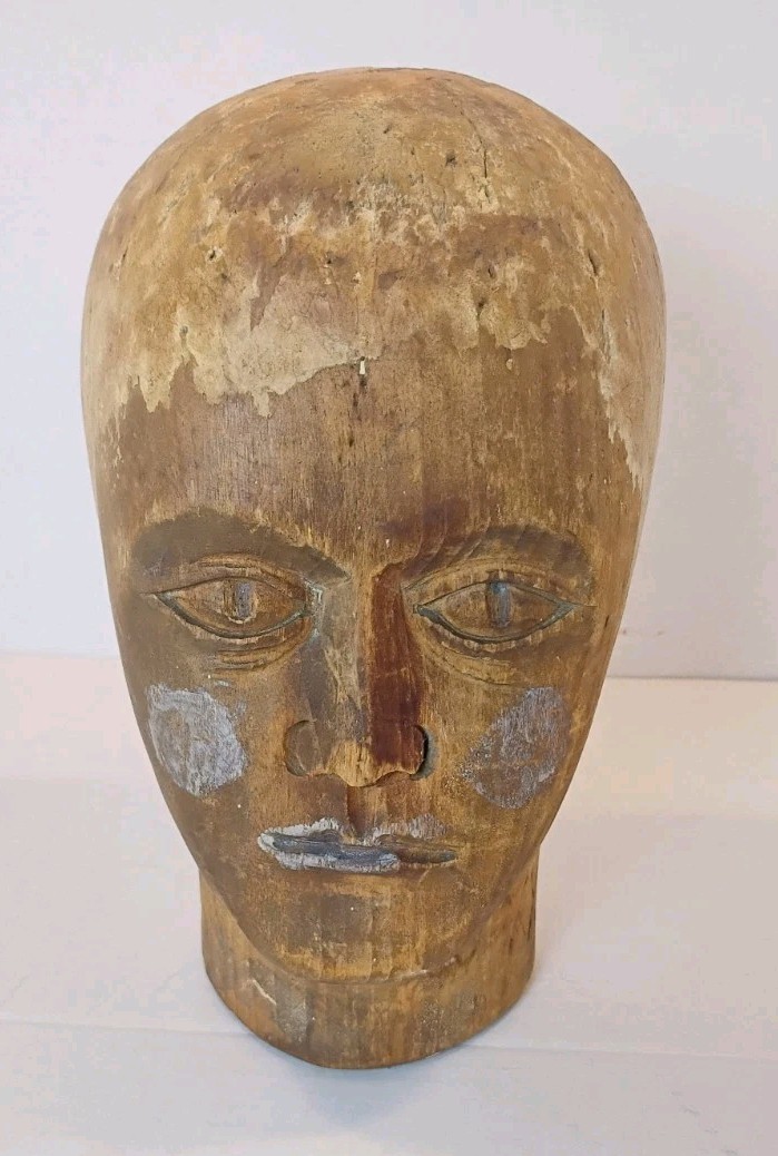 Hand Carved Hat Block. Wood Mannequin Head. Antique Vtg Milliners Wig Display