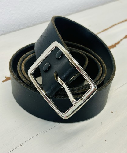 Black Leather Thick Sturdy Belt With Square Silver Toned Buckle 40/42