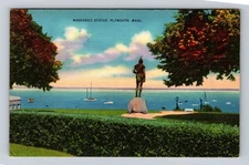 Plymouth MA-Massachusetts, Massasoit Statue at Harbor, Vintage c1951 Postcard