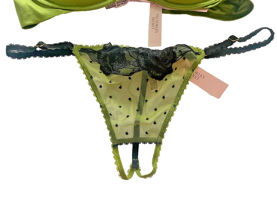 NWT Victoria Secret 34B Push Up bra & M thong Crotchless panties Set green lace - image 3 of 4