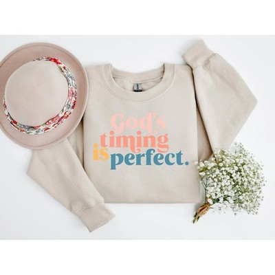 Crewneck Sweatshirt God's Timing is Perfect Graphic Tan Size XL Faith Gildan