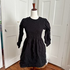 Ganni Black Puff Sleeve Smocked Mini Dress