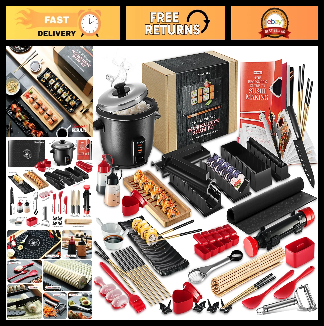 Premium Sushi Making Kit for Beginners & Pros - Rice Cooker, Roller, Chopsticks,