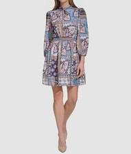 Vince Camuto Women's Purple Printed Ruffled Self-Tie Split Neck Dress Size 4