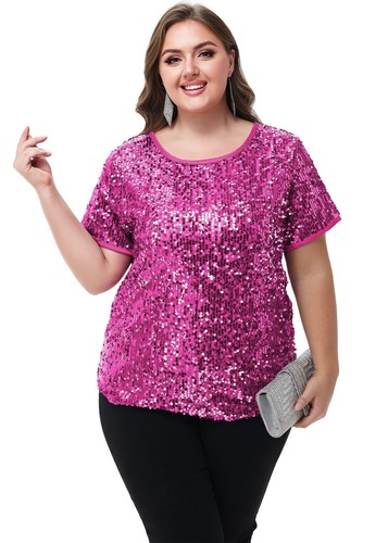 Women's Sequin Tops Plus Size Round Neck Sparkle Glitter Short Sleeve Blouse - Picture 11 of 32
