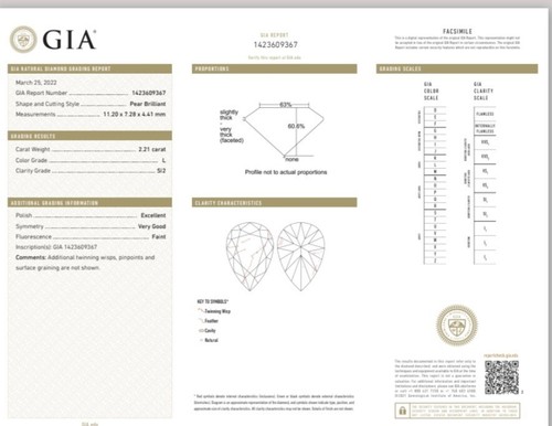 GIA Certificate 2.21ct Pear Shape Excellent cut Diamond L Color and SI2 Clarity - Picture 2 of 2