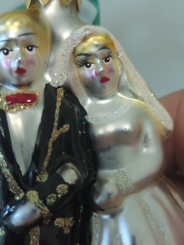Bride & Groom Blown Glass Christmas Ornament Wedding Gift Cake Topper - Picture 2 of 9