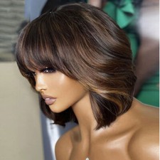 Highlight Brown Blonde Short Bob Cut Human Hair Wigs with Bangs Full Machine