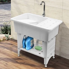 White Utility Sink Laundry Tub Freestanding Sink Wash Station w/ Faucet Home