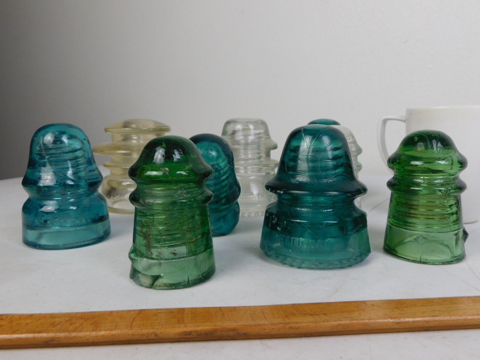 Antique Lot 9 Electric Glass Insulator Cap Blue Green Clear 30' Types