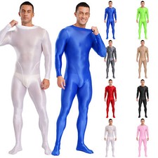 Men's Glossy Full Bodysuit Long Sleeve One Piece Sheer Unitard Jumpsuit Rompers