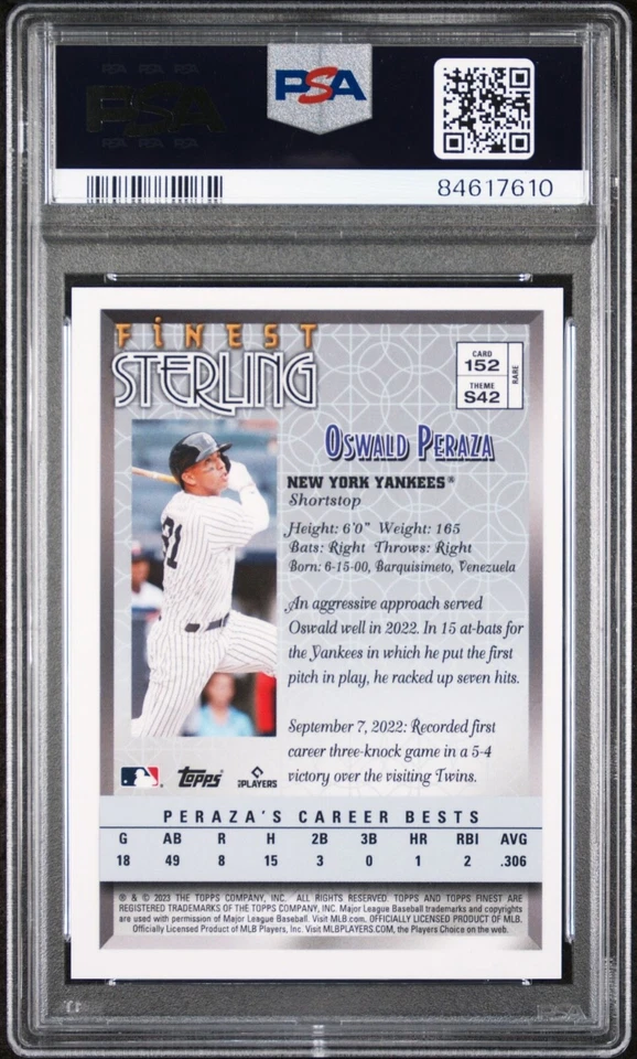 Oswald Peraza 2023 Topps Finest Flashbacks Sterling Gold RC PSA 10 Gem Mint - Image 2 of 3
