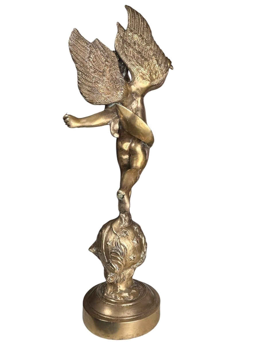 Brass Cherub Angel Of Truth w/ Torch Over Globe 17” 1/2 Figure MCM