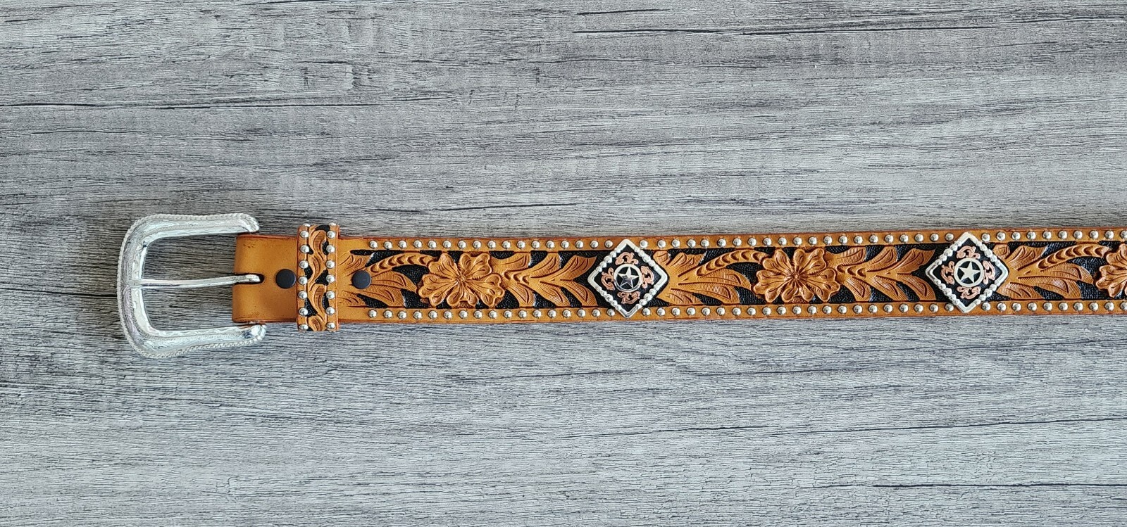 Western Leather Belt Tooled Floral Saddle Tan Ranger Rodeo Studded Size 34