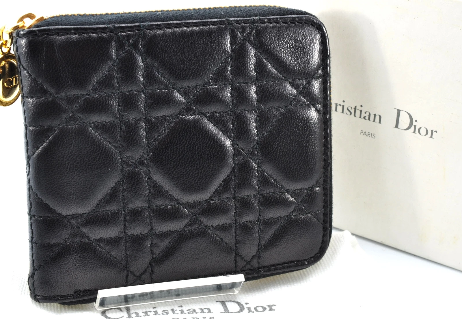 Christian Dior Cannage Portefeuille Bi Pliable Cuir Noir Rouge Femme avec Boîte 6C152215