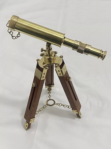 Collectible Antique Desk Decor Nautical Brass Telescope With Wooden Tripod Stand - Picture 10 of 11