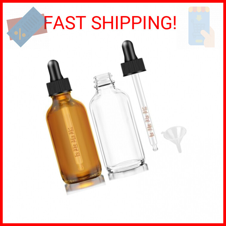 2 oz Clear and Amber Bottle, 2 pack Glass Dropper Bottles for Essential Oils Bot