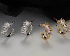 Baguette CZ Hoop Stud Earrings, Rectangular Cubic Zirconia Hoop Stud Earrings