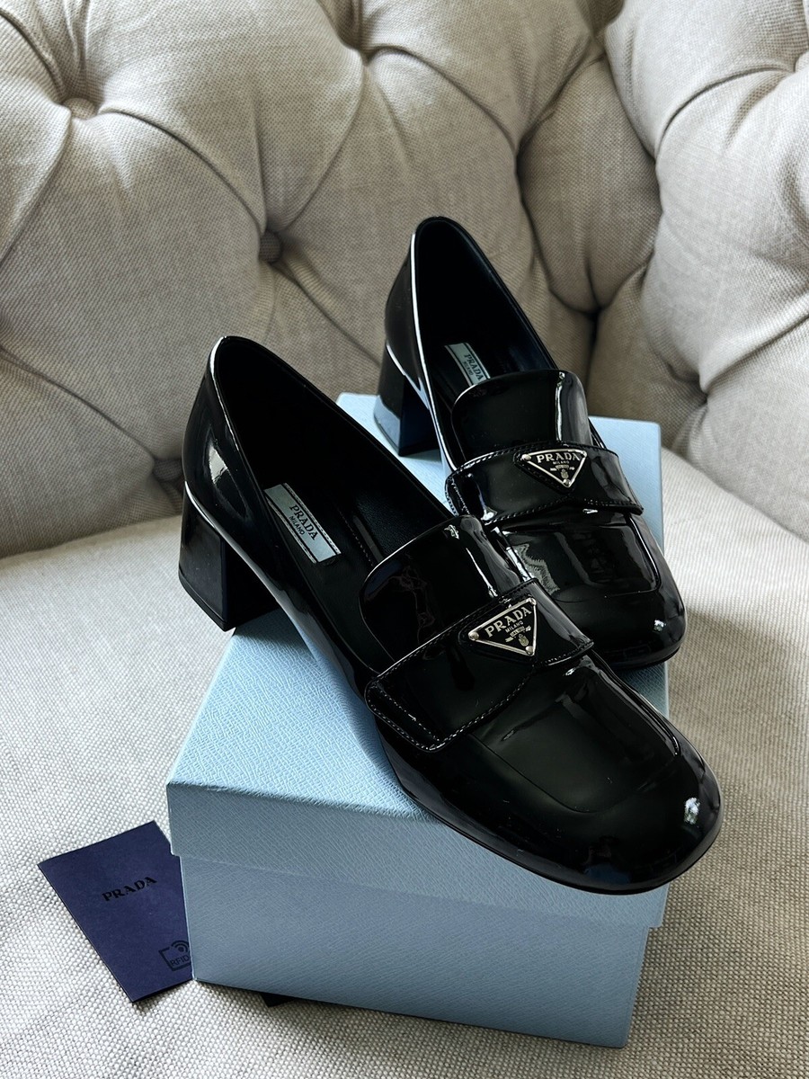 PRADA Loafers - Vernice Patent Leather Heeled Loafers, Black