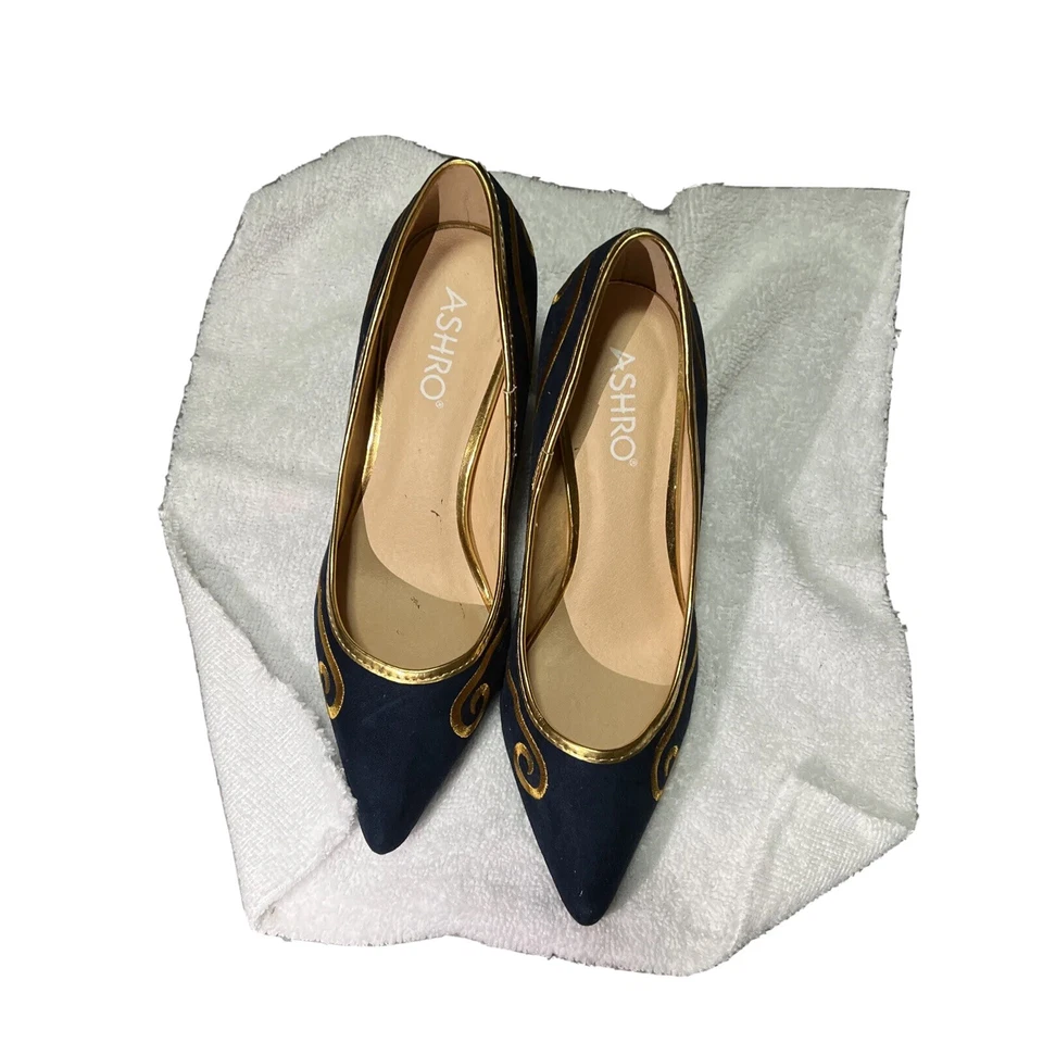 Zapatos de tacón de diseñador talla 8 Ashro púrpura con dorado Foto 2 de 2