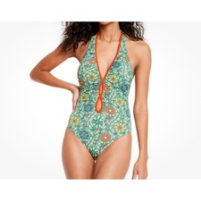 Rhode Green Floral Mosaic Halter One Piece Sw...