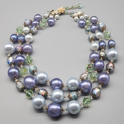 Vtg Vendome Necklace Easter Egg Foil Iris Glass Blue Purple Gold Tone 3 Strand