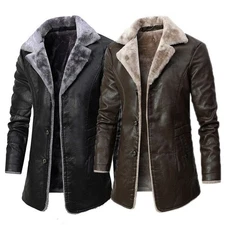 Warm Long Coat Leather Jacket Trench Coat Parka Shearling Faux Fur Winter Mens