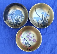 3x Vintage Japanese Gold Lacquered Papier Mache Hand Painted Rice Bowls