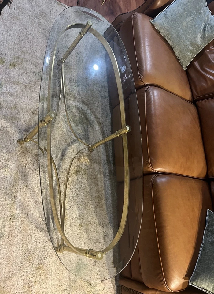 Vintage MCM Brass Coffee Table Glass Top - Image 2 of 4