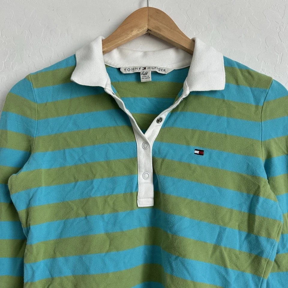Camisa Tommy Hilfiger Mujer Pequeña De Colección Y2k Manga Larga Polo Rayas Logo Azul Verde Foto 2 de 4
