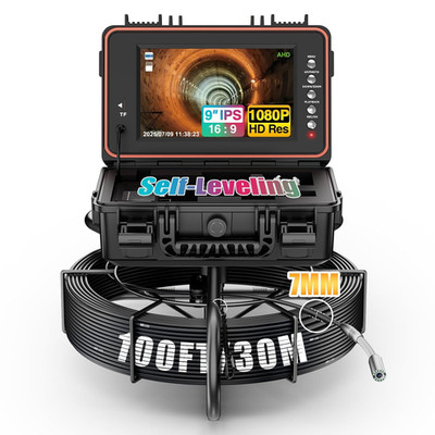 Self-Leveling Sewer Camera 100ft, 9'' HD 1080P, 12 LED, IP68, 32GB DVR