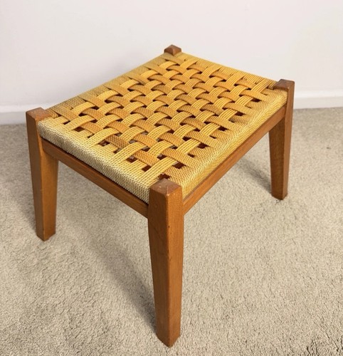 Vintage Woven Cord Footstool Teak Wood Plant Stand Mid Century Scandinavian