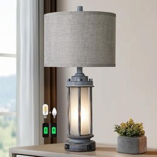 Rustic Table Lamp Bedroom Living Room W/ 2 USB Ports Farmhouse Vintage