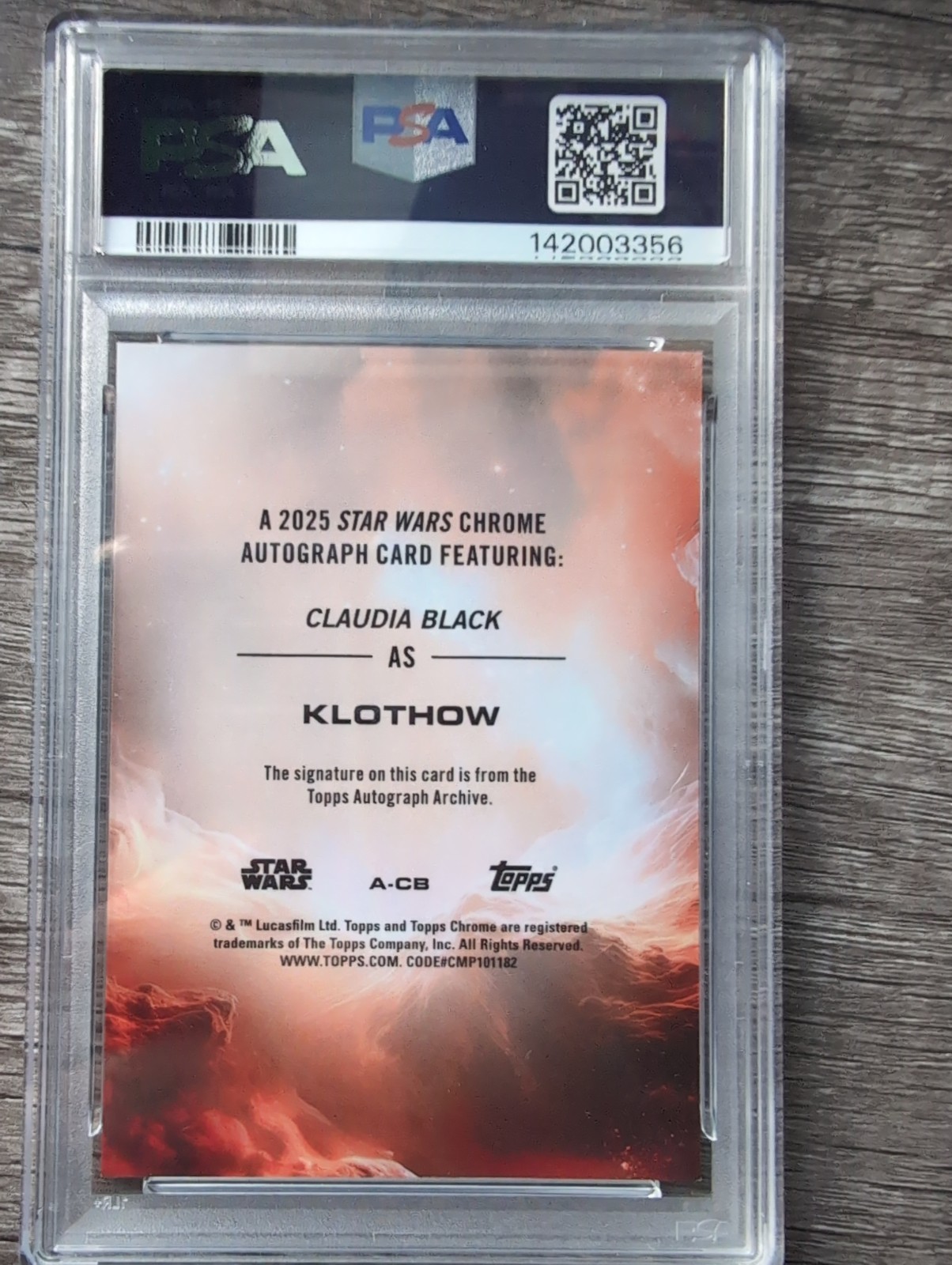 2025 Topps Chrome Star Wars Claudia Black As Klothow Black Refractor Auto /10 view 2