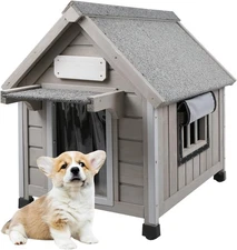 PETSCOSSET 20" L Outdoor Dog House with Window, Asphalt Roof & Raised Feet, Gray