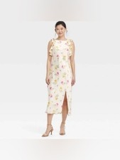 a new day Cream Floral Ruffle-Shoulder midi cottage romantic femenine Dress SZ L