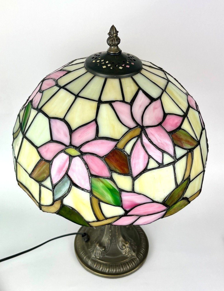 Large Tiffany Style Stained Glass Table Lamp Pink Floral Art Nouveau Light image 8